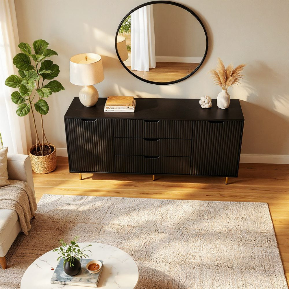 Comodă MENORCA cu 3 sertare, MDF vopsit negru mat, 150x42x80 cm Arboteca