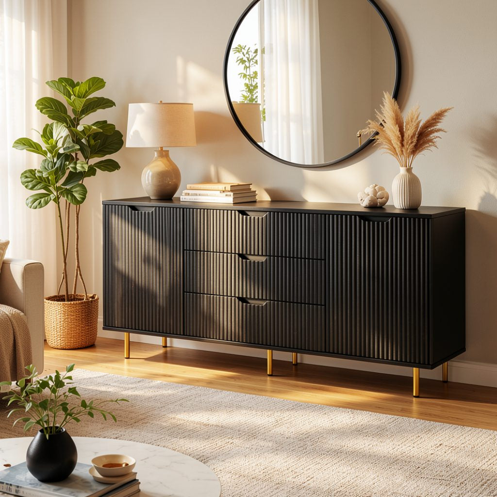 Comodă MENORCA cu 3 sertare, MDF vopsit negru mat, 150x42x80 cm Arboteca