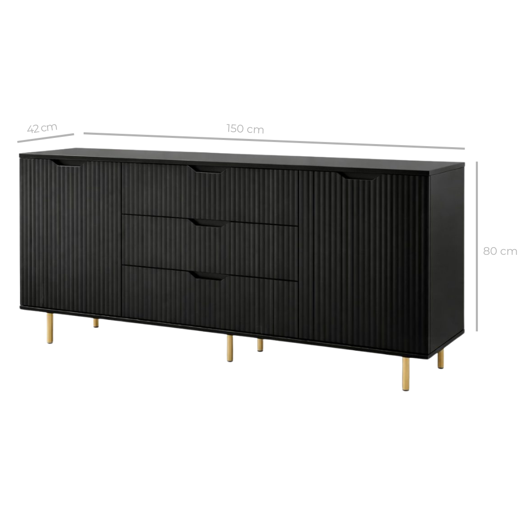 Comodă MENORCA cu 3 sertare, MDF vopsit negru mat, 150x42x80 cm Arboteca