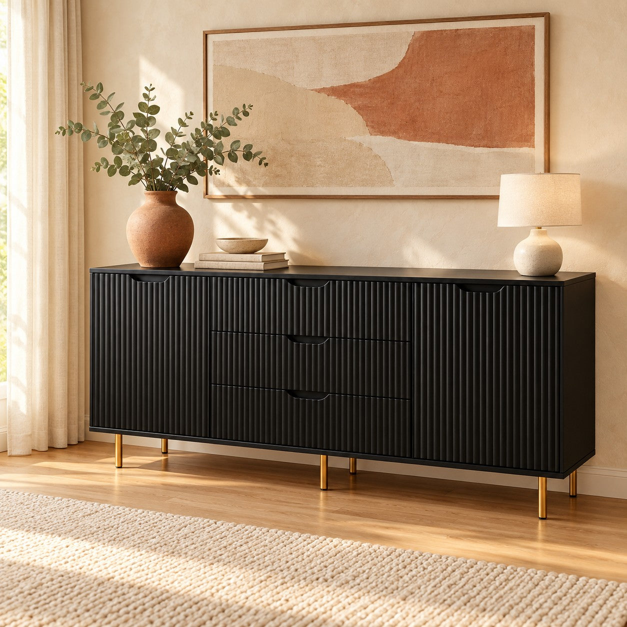 Comodă MENORCA cu 3 sertare, MDF vopsit negru mat, 150x42x80 cm Default Title Arboteca