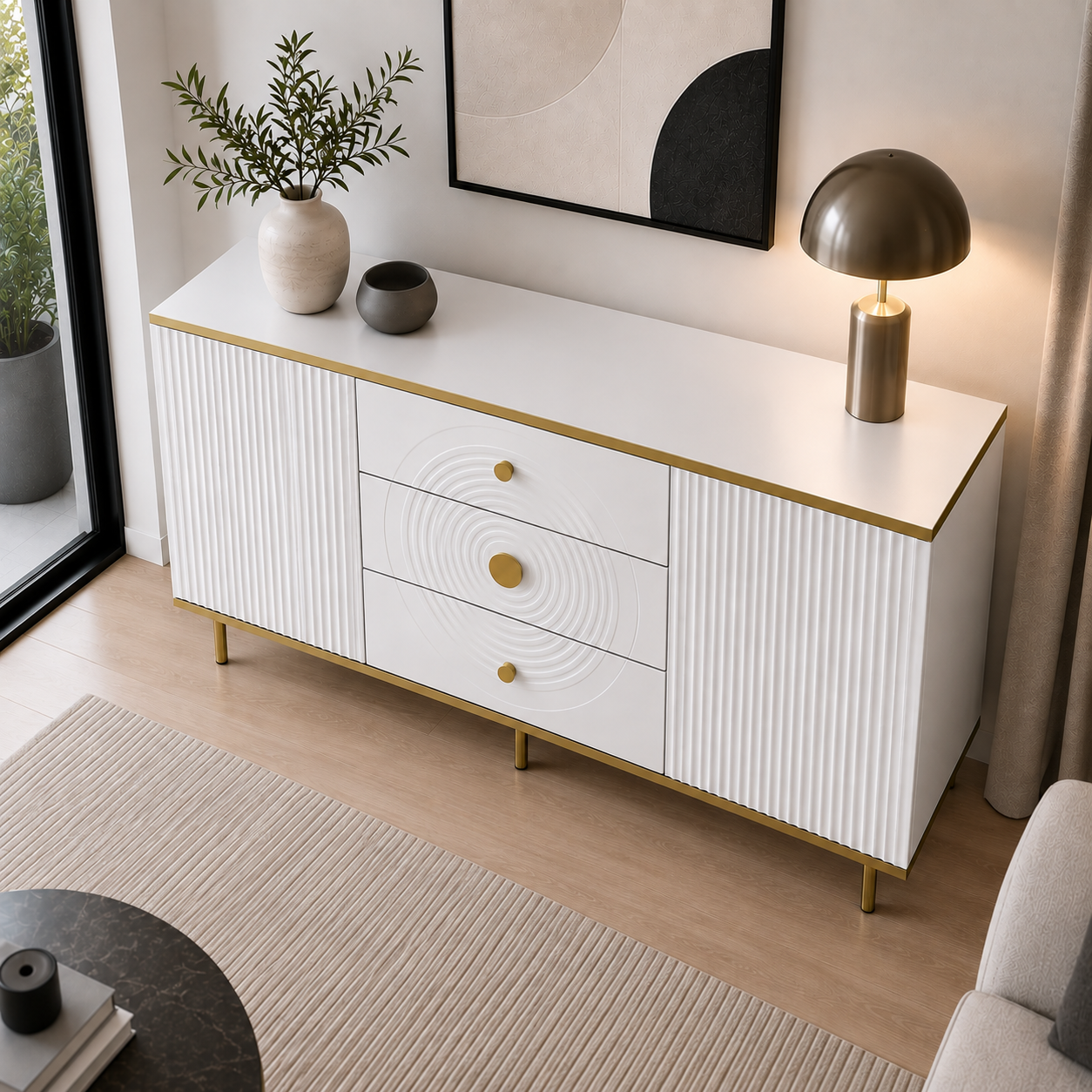 Comodă MONTALCINO cu 3 sertare și 2 uși, MDF frezat vopsit alb, 150x40x80 cm Arboteca