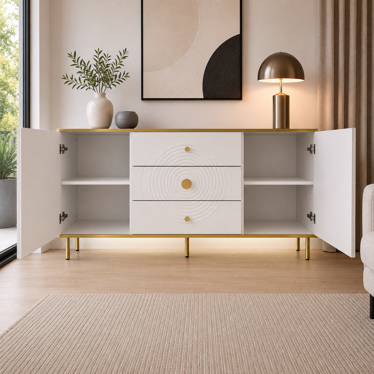Comodă MONTALCINO cu 3 sertare și 2 uși, MDF frezat vopsit alb, 150x40x80 cm Arboteca