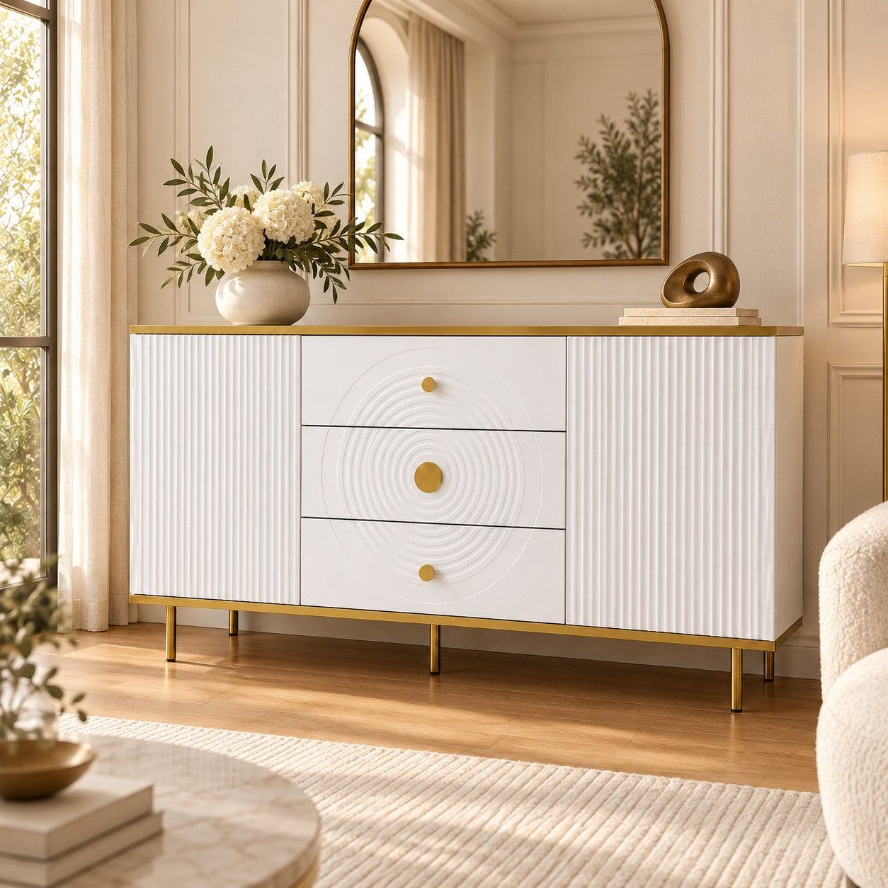 Comodă MONTALCINO cu 3 sertare și 2 uși, MDF frezat vopsit alb, 150x40x80 cm Default Title Arboteca