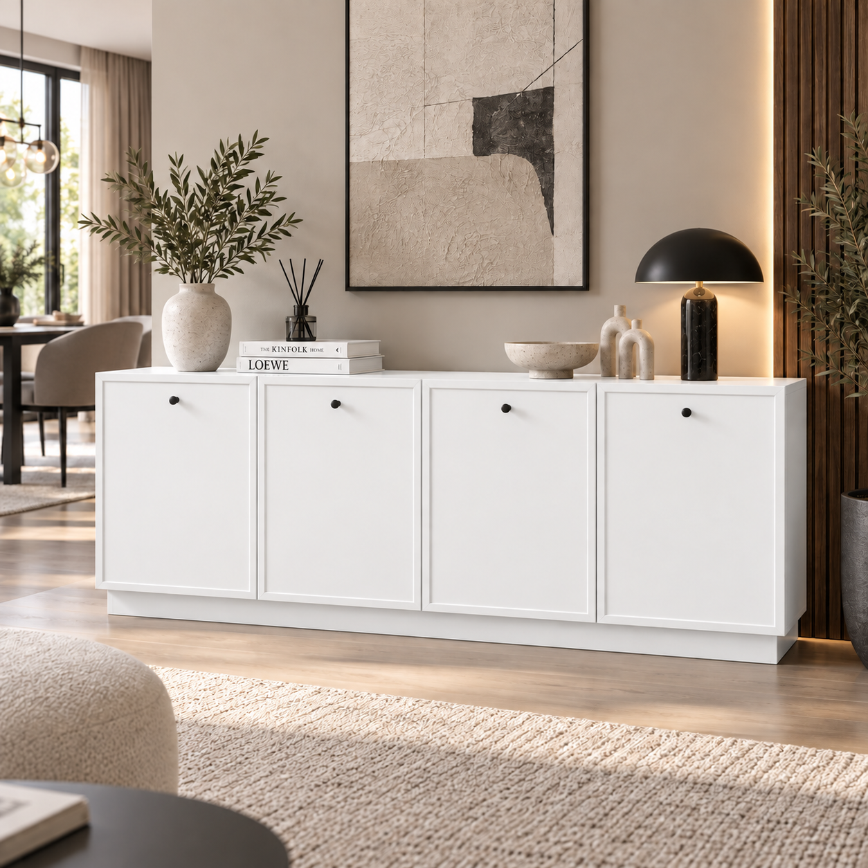 Comodă MORAIRA albă 200 cm, fronturi MDF vopsit frezat, 200x40x80 cm Arboteca