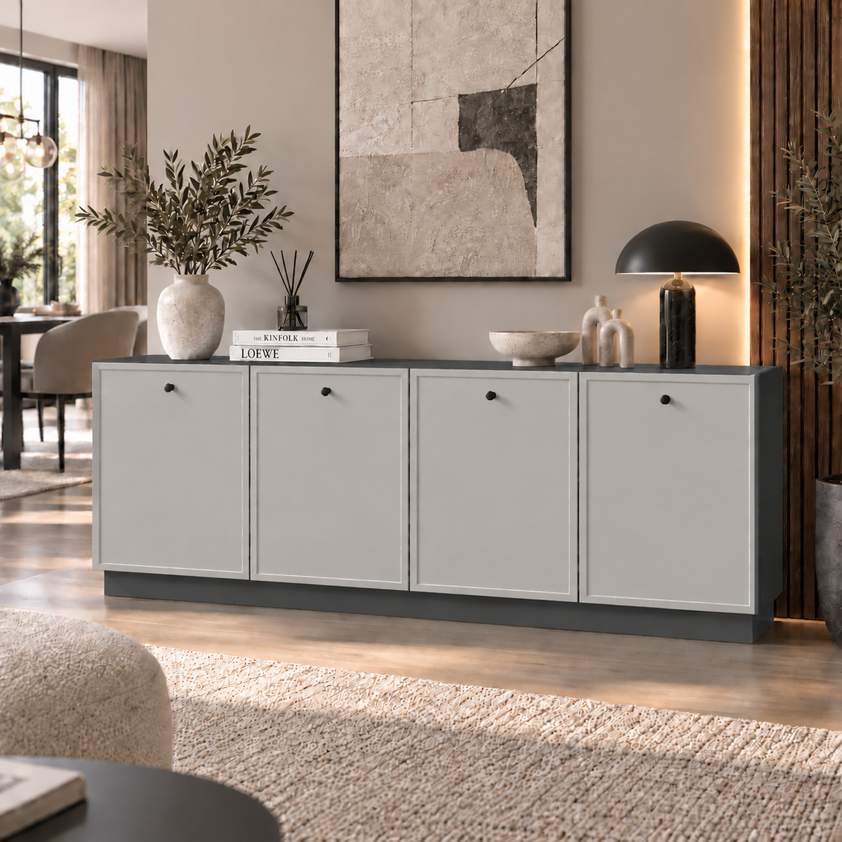 Comodă MORAIRA antracit 200 cm, fronturi MDF vopsit frezat, 200x40x80 cm Arboteca