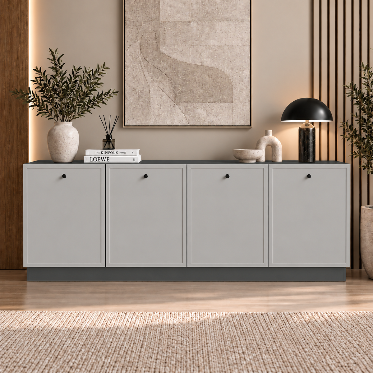 Comodă MORAIRA antracit 200 cm, fronturi MDF vopsit frezat, 200x40x80 cm Arboteca