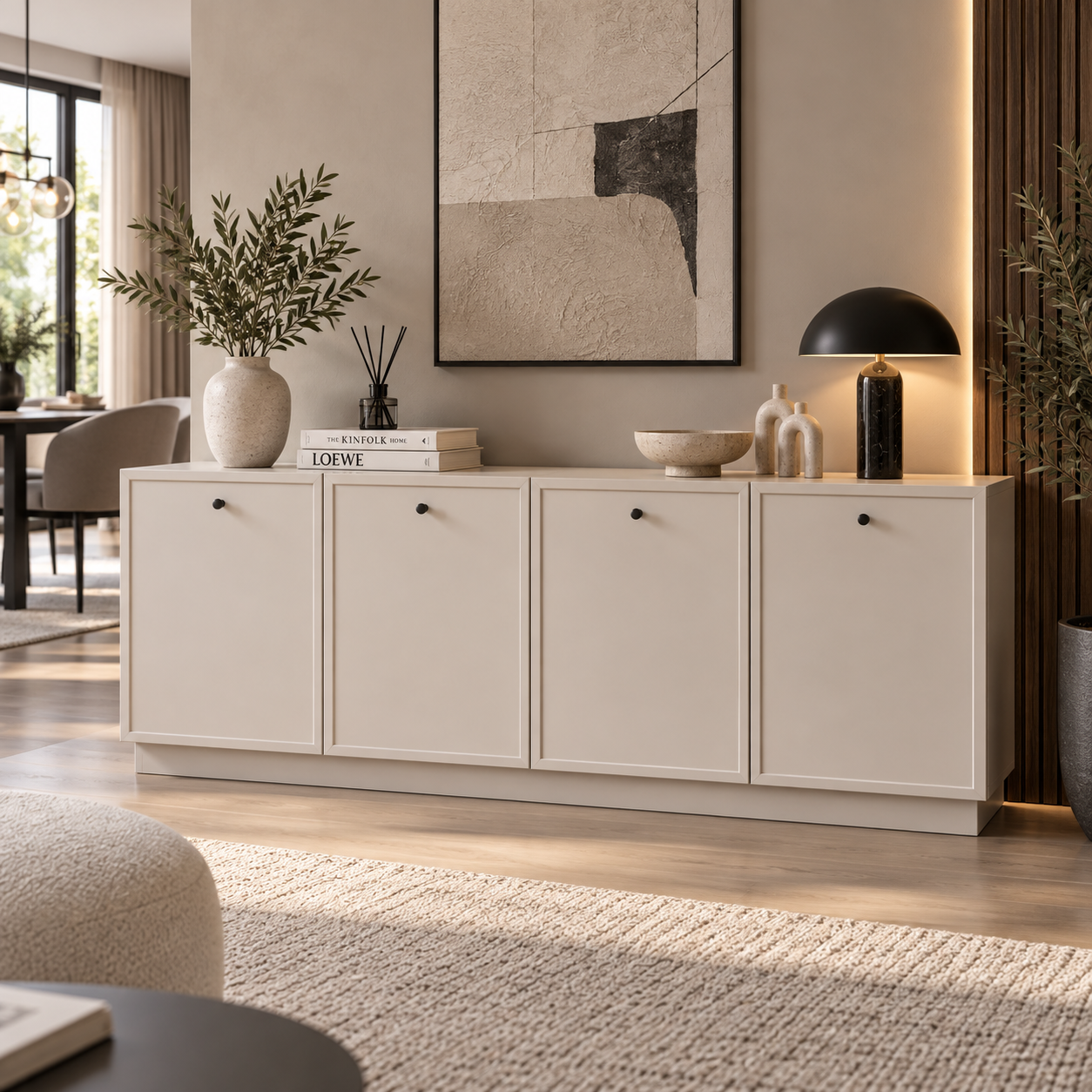 Comodă MORAIRA casmir deschis 200 cm, fronturi MDF vopsit frezat, 200x40x80 cm Arboteca
