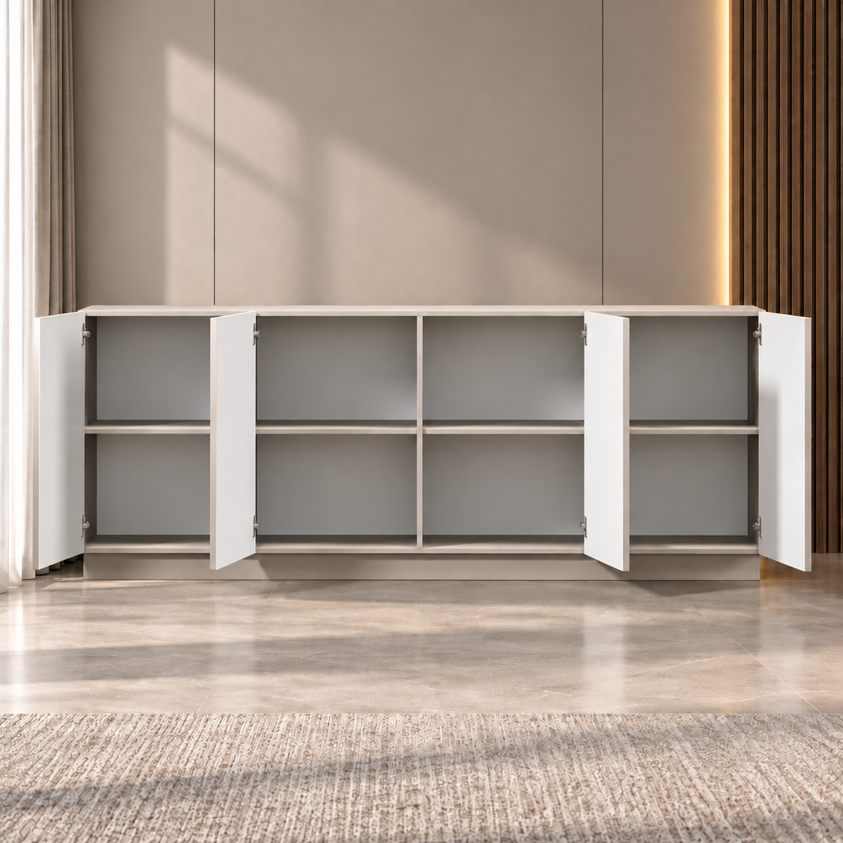 Comodă MORAIRA casmir deschis 200 cm, fronturi MDF vopsit frezat, 200x40x80 cm Arboteca