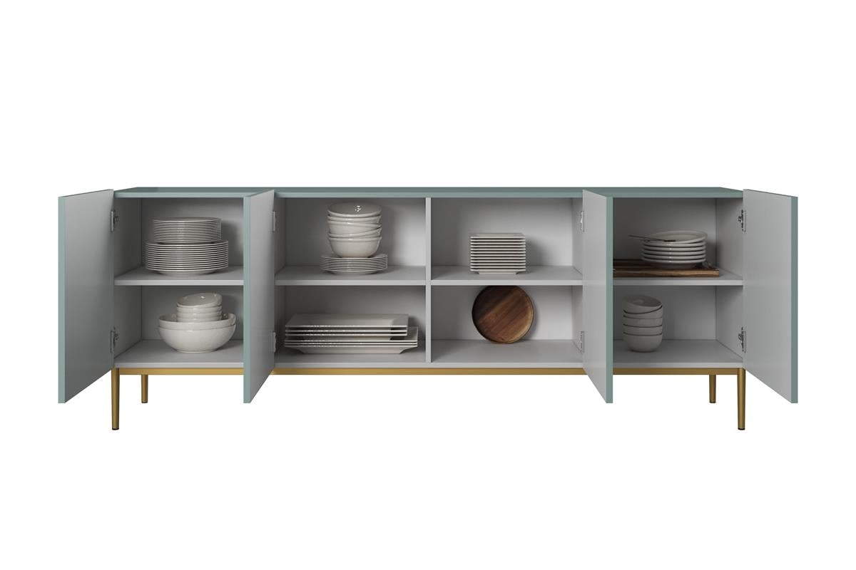 Comoda Nicole din pal, MDF si metal, cu 4 usi, 200 cm latime , Menta-Auriu Arboteca