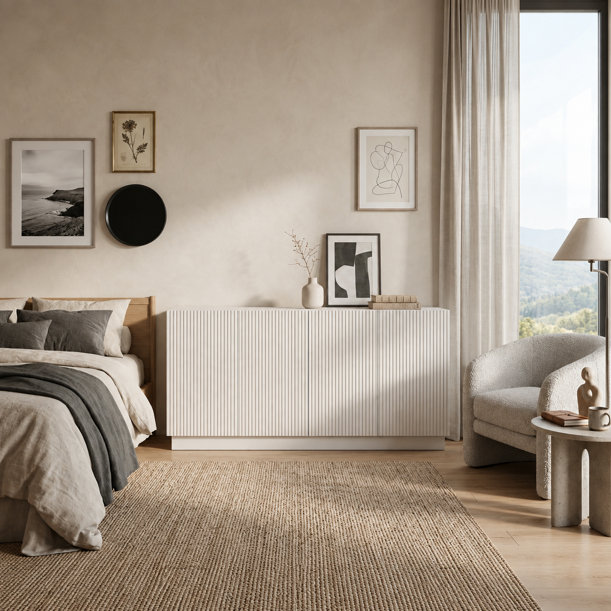 Comodă POLLENSA albă 200 cm, fronturi MDF riflat vopsit, 200x40x80 cm Arboteca