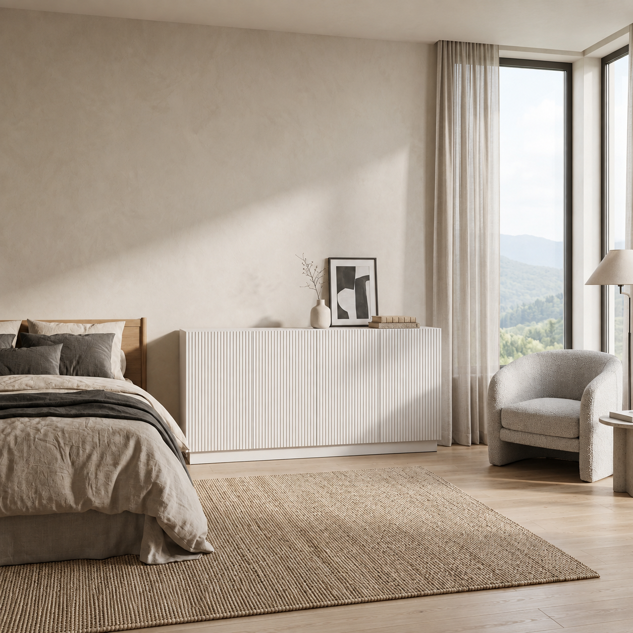 Comodă POLLENSA albă 200 cm, fronturi MDF riflat vopsit, 200x40x80 cm Arboteca