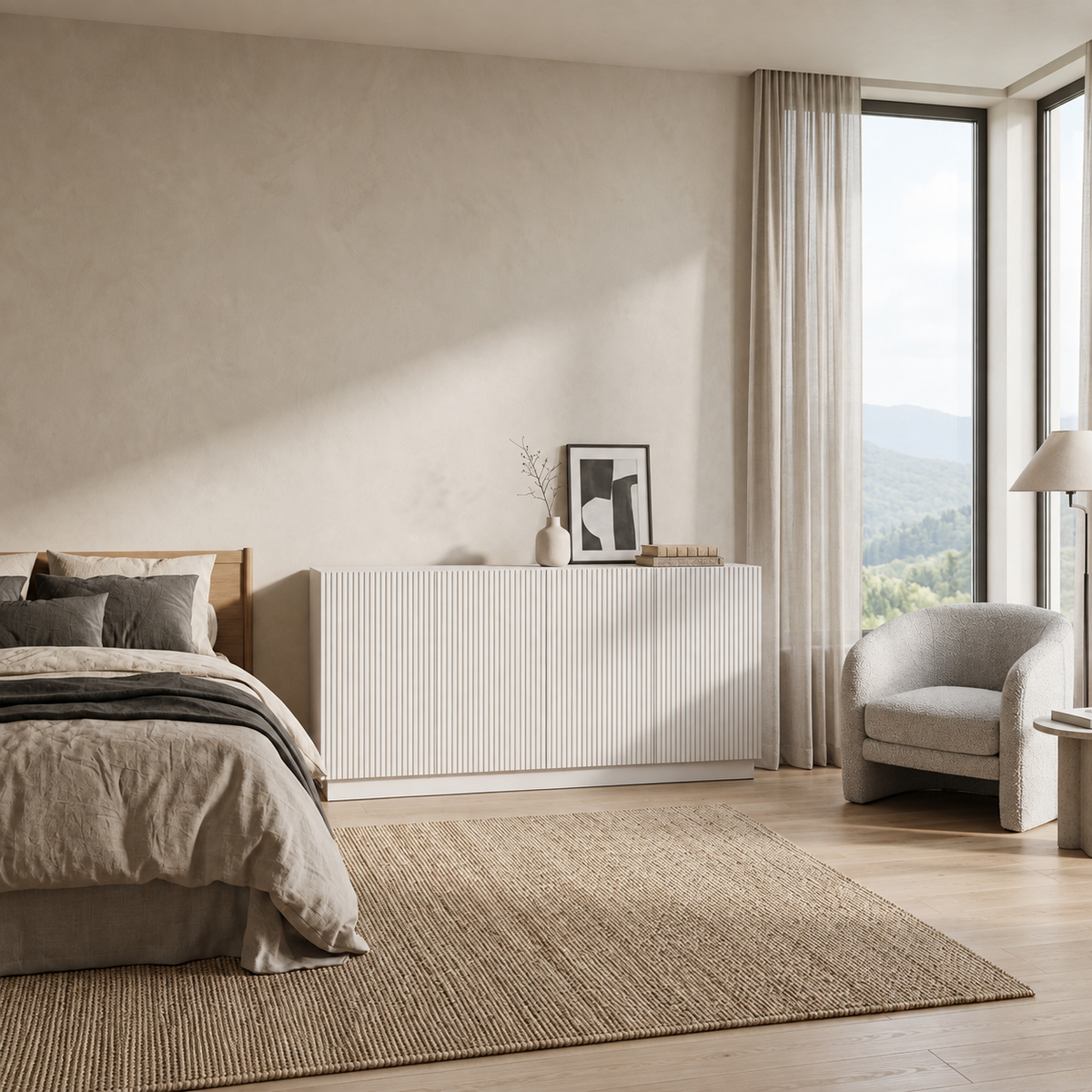 Comodă POLLENSA albă 200 cm, fronturi MDF riflat vopsit, 200x40x80 cm Arboteca