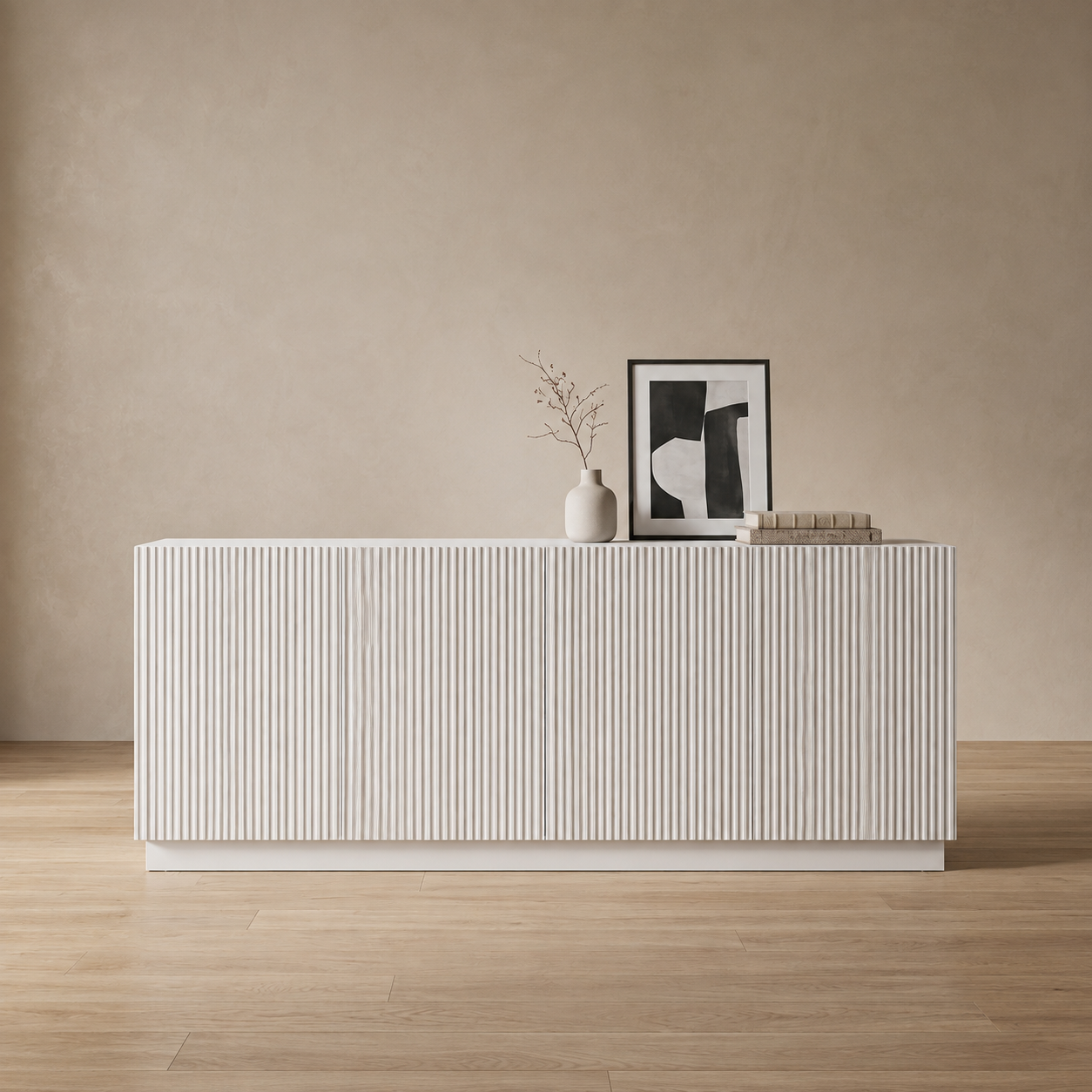 Comodă POLLENSA albă 200 cm, fronturi MDF riflat vopsit, 200x40x80 cm Arboteca