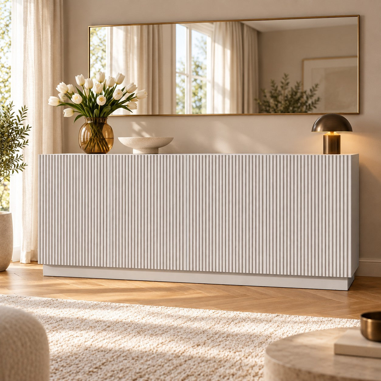Comodă POLLENSA albă 200 cm, fronturi MDF riflat vopsit, 200x40x80 cm Default Title Arboteca