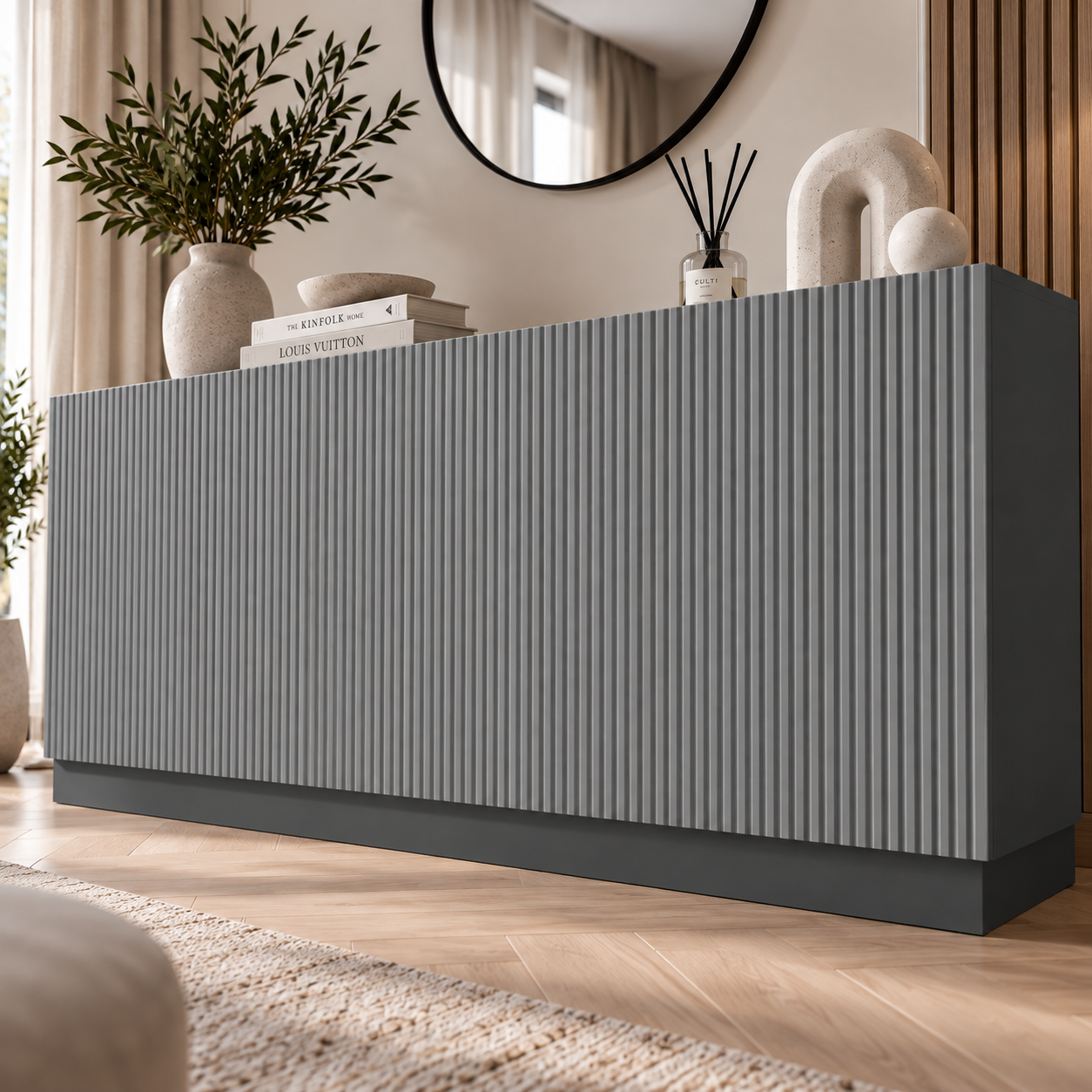 Comodă POLLENSA antracit 200 cm, fronturi MDF riflat vopsit, 200x40x80 cm Arboteca