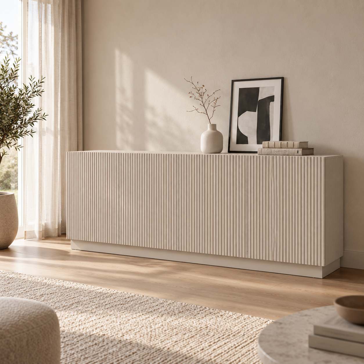 Comodă POLLENSA casmir deschis 200 cm, fronturi MDF riflat vopsit, 200x40x80 cm Arboteca
