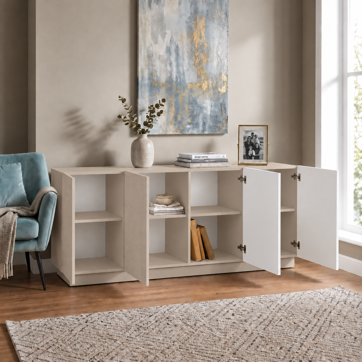Comodă POLLENSA casmir deschis 200 cm, fronturi MDF riflat vopsit, 200x40x80 cm Arboteca