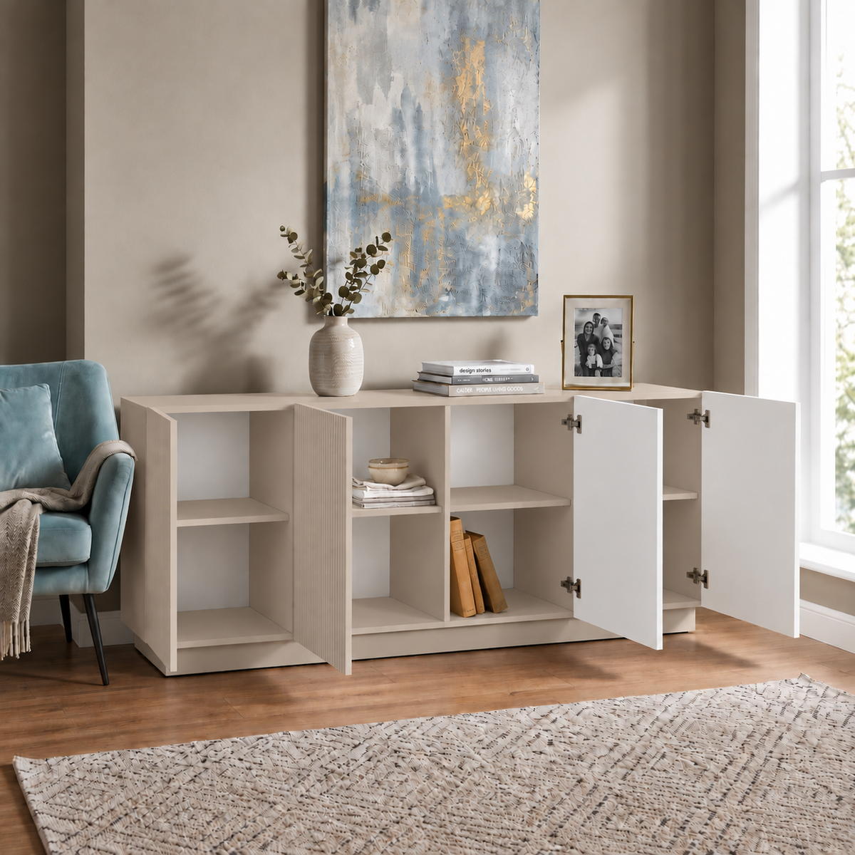 Comodă POLLENSA casmir deschis 200 cm, fronturi MDF riflat vopsit, 200x40x80 cm Arboteca