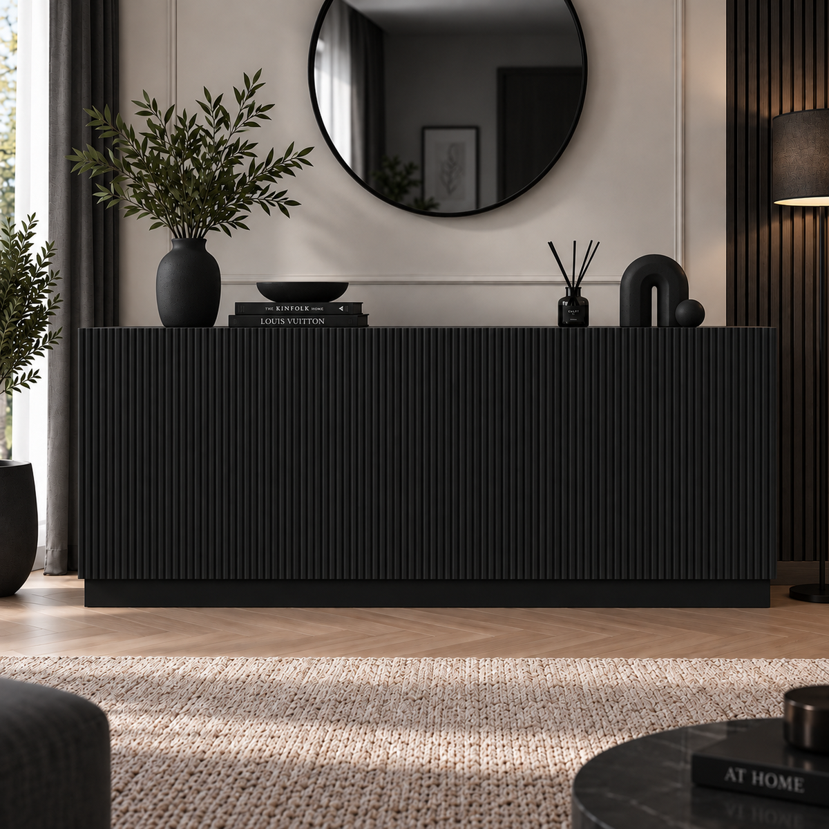 Comodă POLLENSA neagră 200 cm, fronturi MDF riflat vopsit, 200x40x80 cm Arboteca