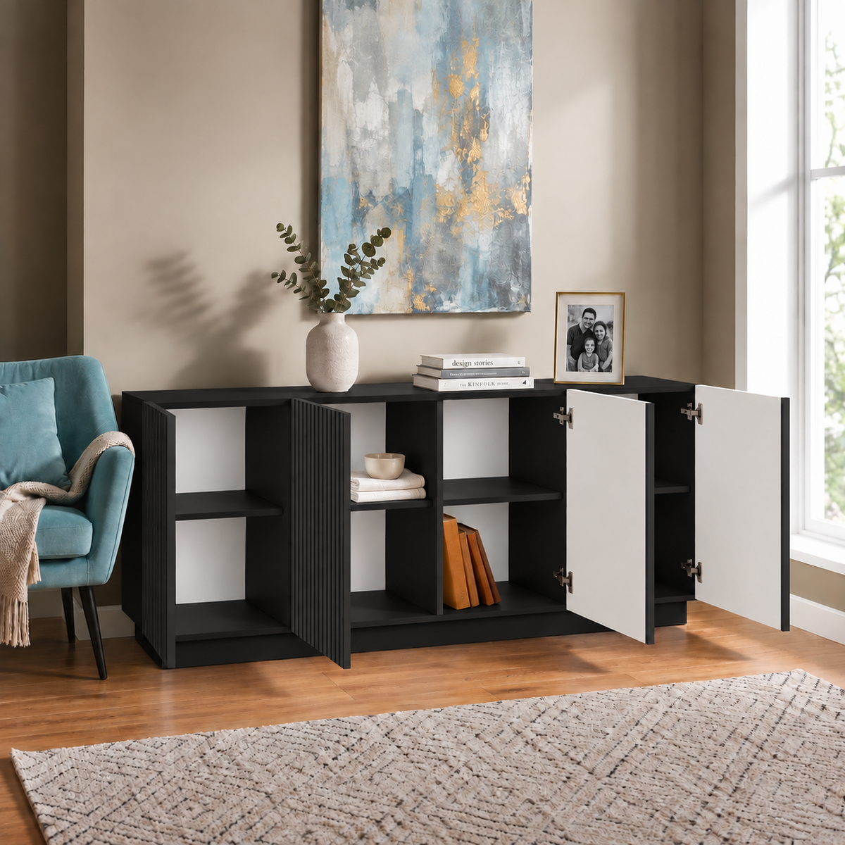 Comodă POLLENSA neagră 200 cm, fronturi MDF riflat vopsit, 200x40x80 cm Arboteca