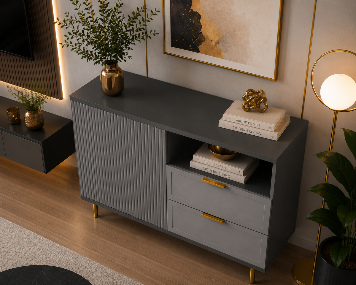 Comodă PORTOFINO antracit cu 2 sertare și o ușă, fronturi MDF vopsit riflat, 105x42x80 cm Arboteca