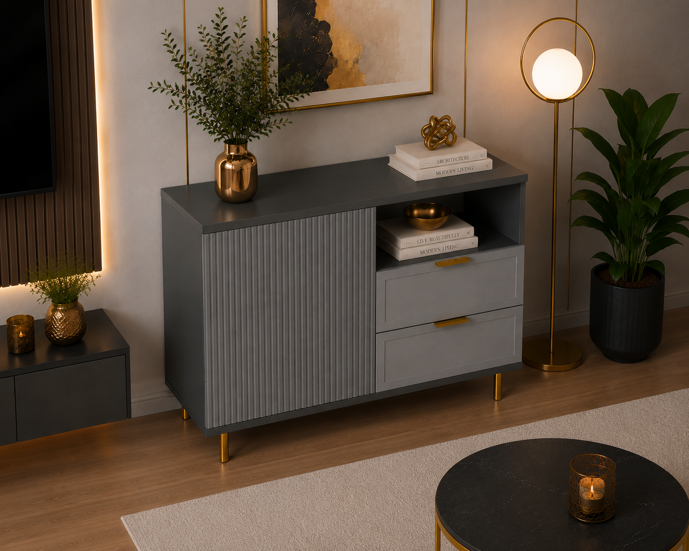 Comodă PORTOFINO antracit cu 2 sertare și o ușă, fronturi MDF vopsit riflat, 105x42x80 cm Arboteca