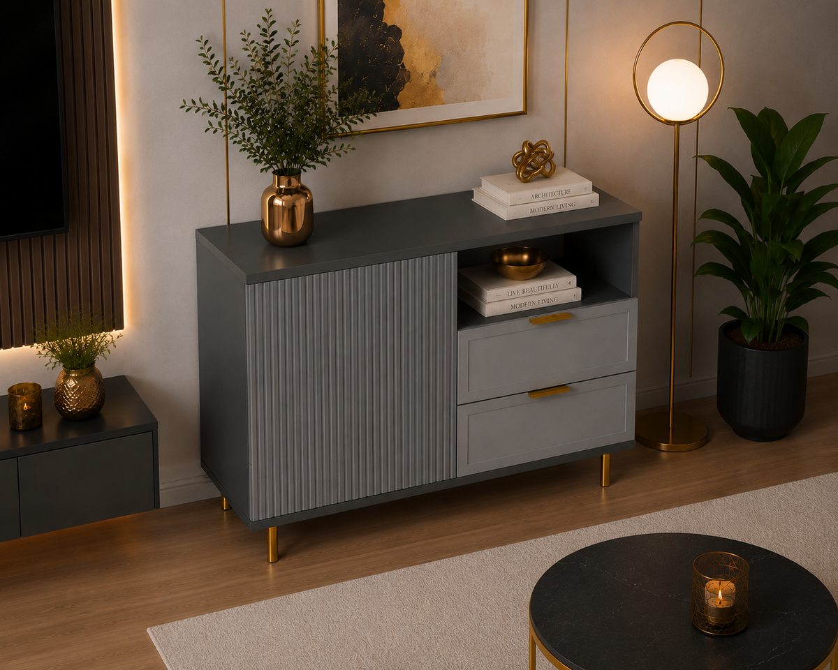 Comodă PORTOFINO antracit cu 2 sertare și o ușă, fronturi MDF vopsit riflat, 105x42x80 cm Arboteca