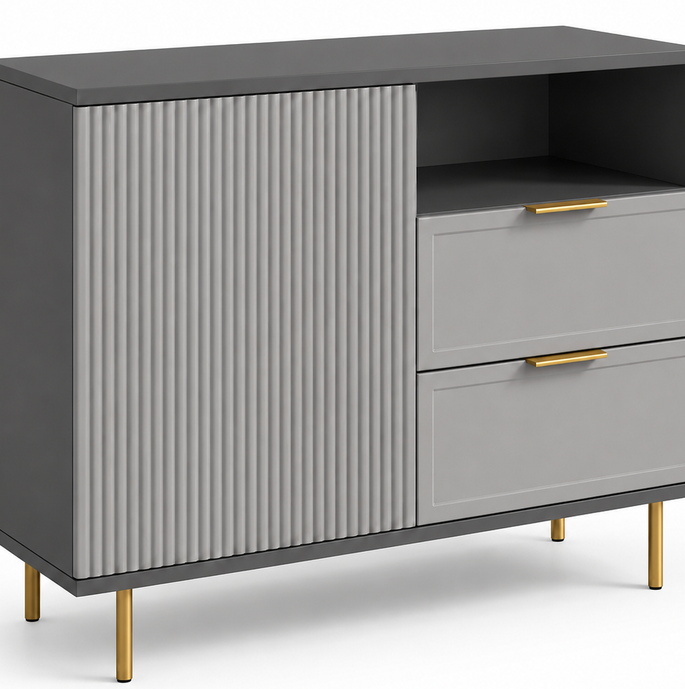 Comodă PORTOFINO antracit cu 2 sertare și o ușă, fronturi MDF vopsit riflat, 105x42x80 cm Arboteca
