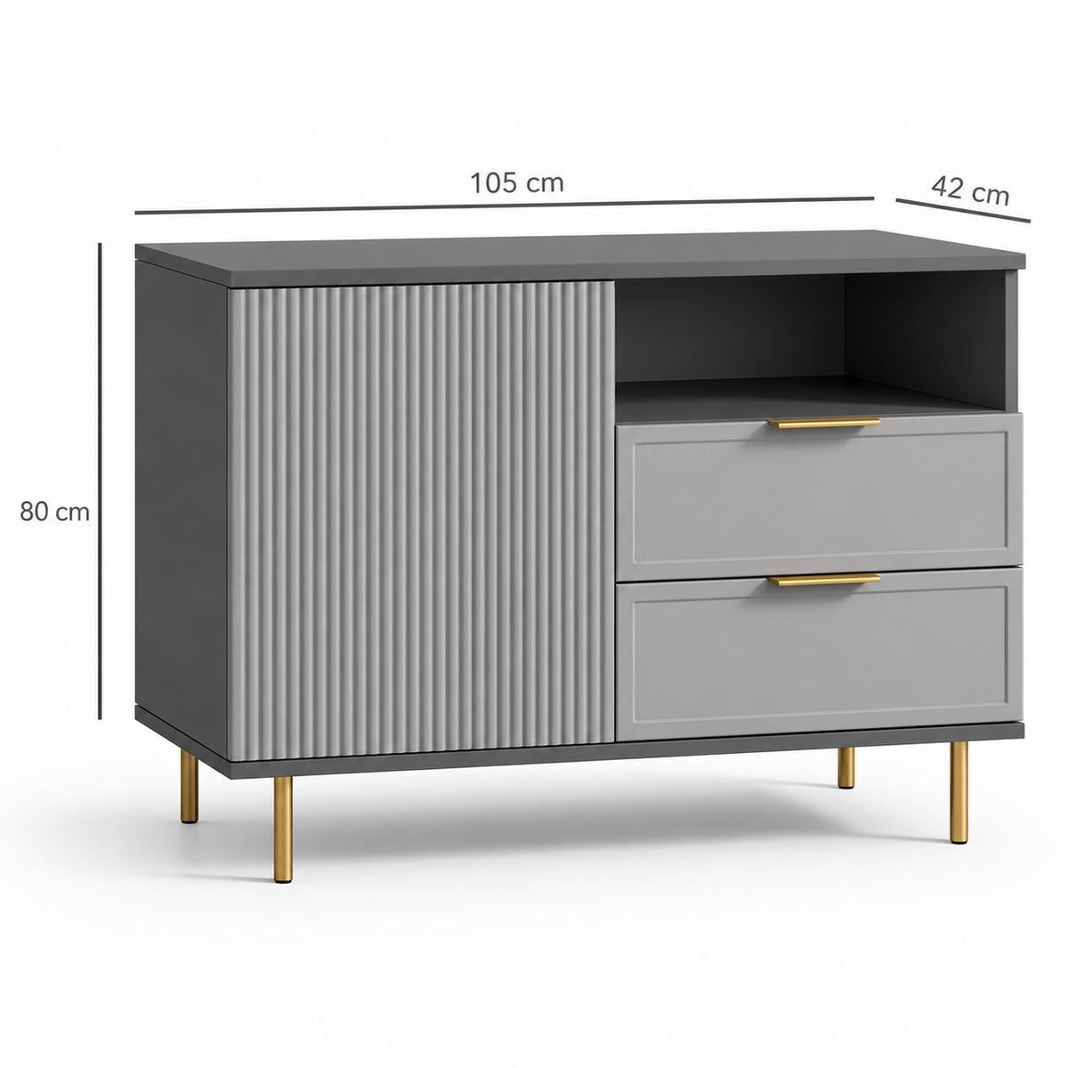 Comodă PORTOFINO antracit cu 2 sertare și o ușă, fronturi MDF vopsit riflat, 105x42x80 cm Arboteca