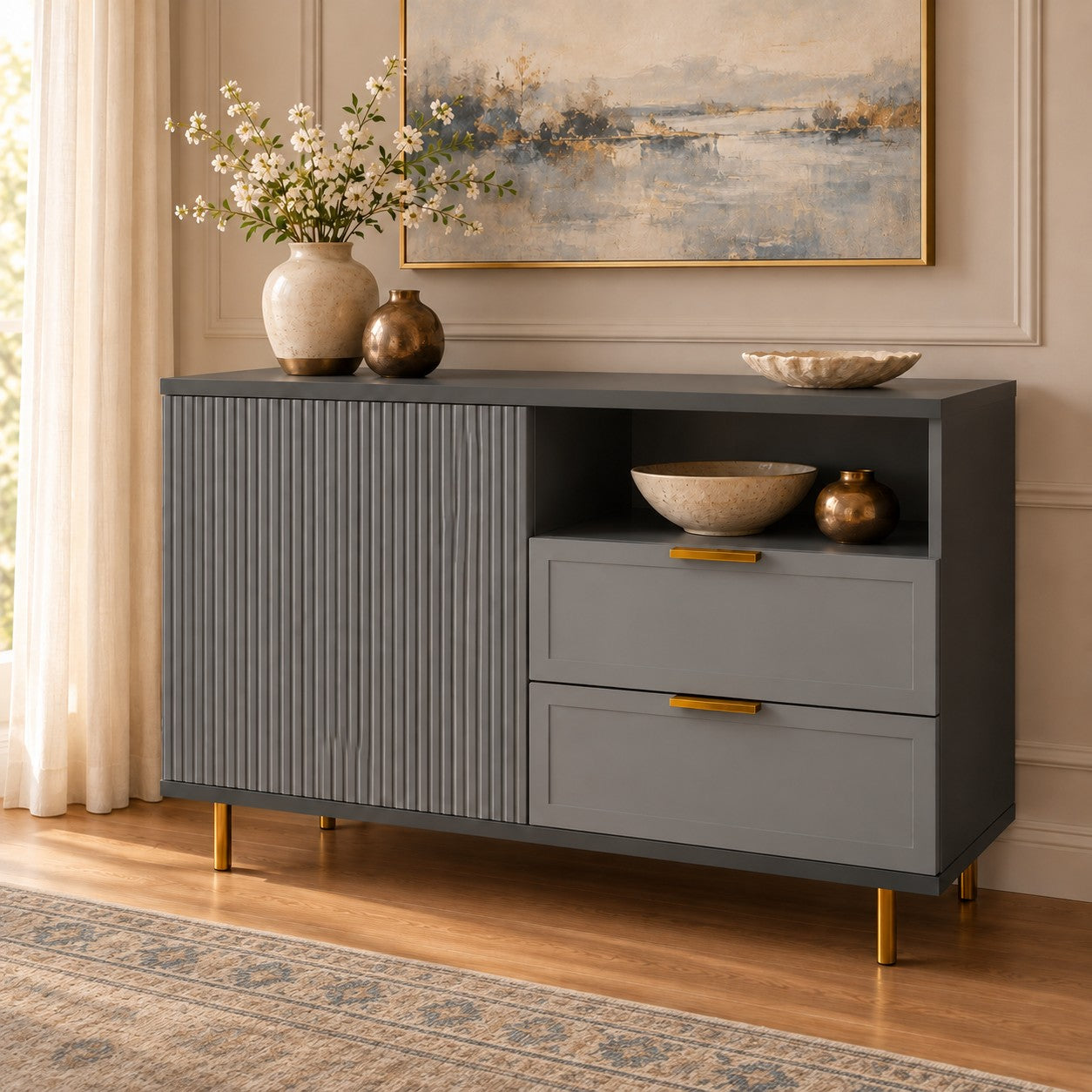 Comodă PORTOFINO antracit cu 2 sertare și o ușă, fronturi MDF vopsit riflat, 105x42x80 cm Default Title Arboteca
