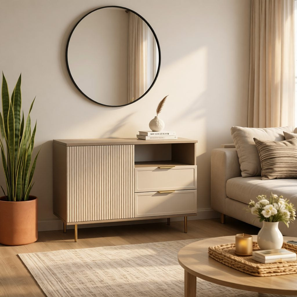 Comodă PORTOFINO cașmir bazalt cu 2 sertare și o ușă, fronturi MDF vopsit riflat, 105x42x80 cm Arboteca