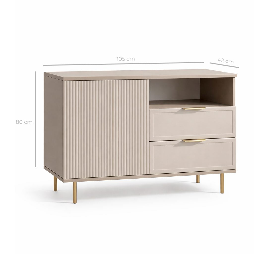 Comodă PORTOFINO cașmir bazalt cu 2 sertare și o ușă, fronturi MDF vopsit riflat, 105x42x80 cm Arboteca