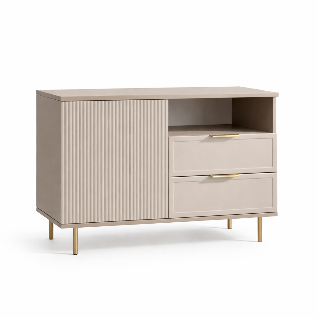 Comodă PORTOFINO cașmir bazalt cu 2 sertare și o ușă, fronturi MDF vopsit riflat, 105x42x80 cm Arboteca