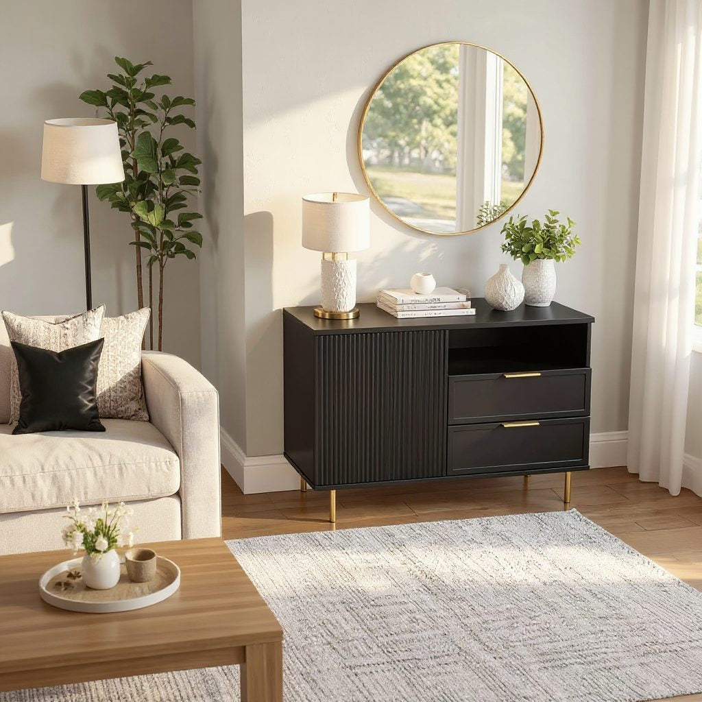 Comodă PORTOFINO neagră cu 2 sertare și o ușă, fronturi MDF frezat negru mat, 105x42x80 cm Arboteca