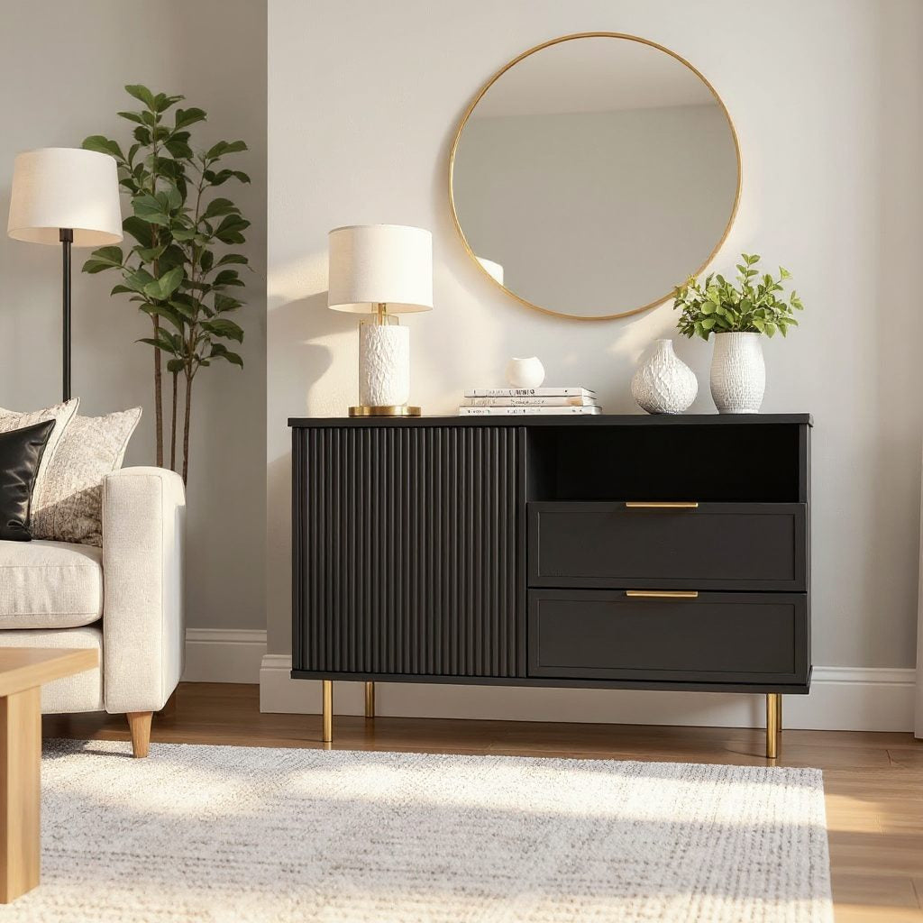 Comodă PORTOFINO neagră cu 2 sertare și o ușă, fronturi MDF frezat negru mat, 105x42x80 cm Arboteca