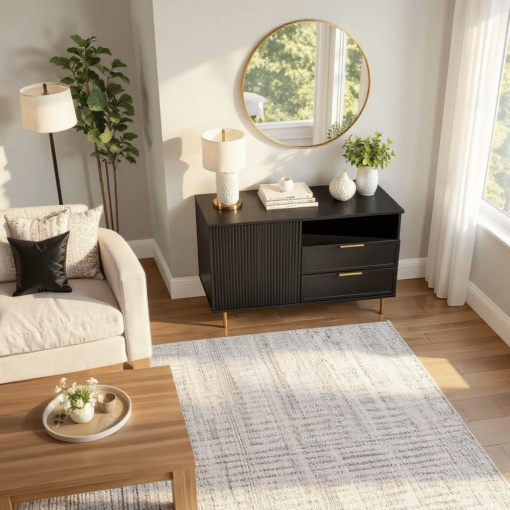 Comodă PORTOFINO neagră cu 2 sertare și o ușă, fronturi MDF frezat negru mat, 105x42x80 cm Arboteca