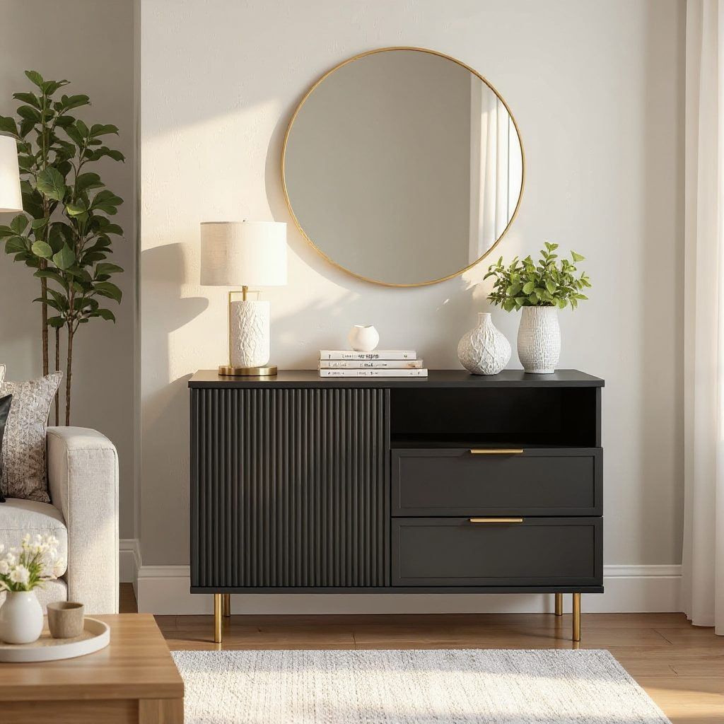 Comodă PORTOFINO neagră cu 2 sertare și o ușă, fronturi MDF frezat negru mat, 105x42x80 cm Arboteca