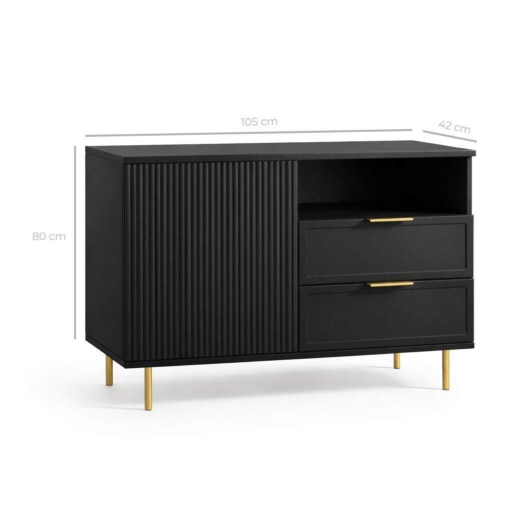 Comodă PORTOFINO neagră cu 2 sertare și o ușă, fronturi MDF frezat negru mat, 105x42x80 cm Arboteca