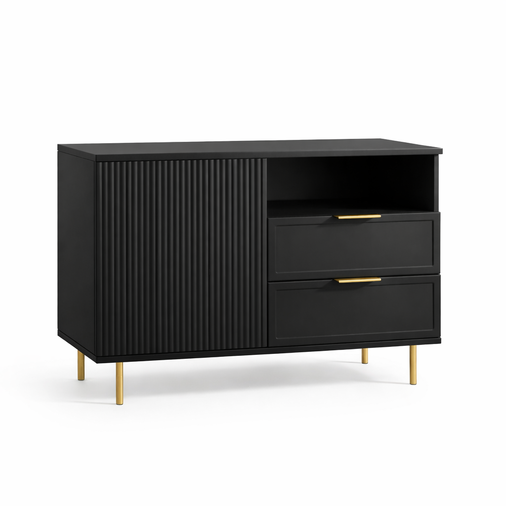 Comodă PORTOFINO neagră cu 2 sertare și o ușă, fronturi MDF frezat negru mat, 105x42x80 cm Arboteca