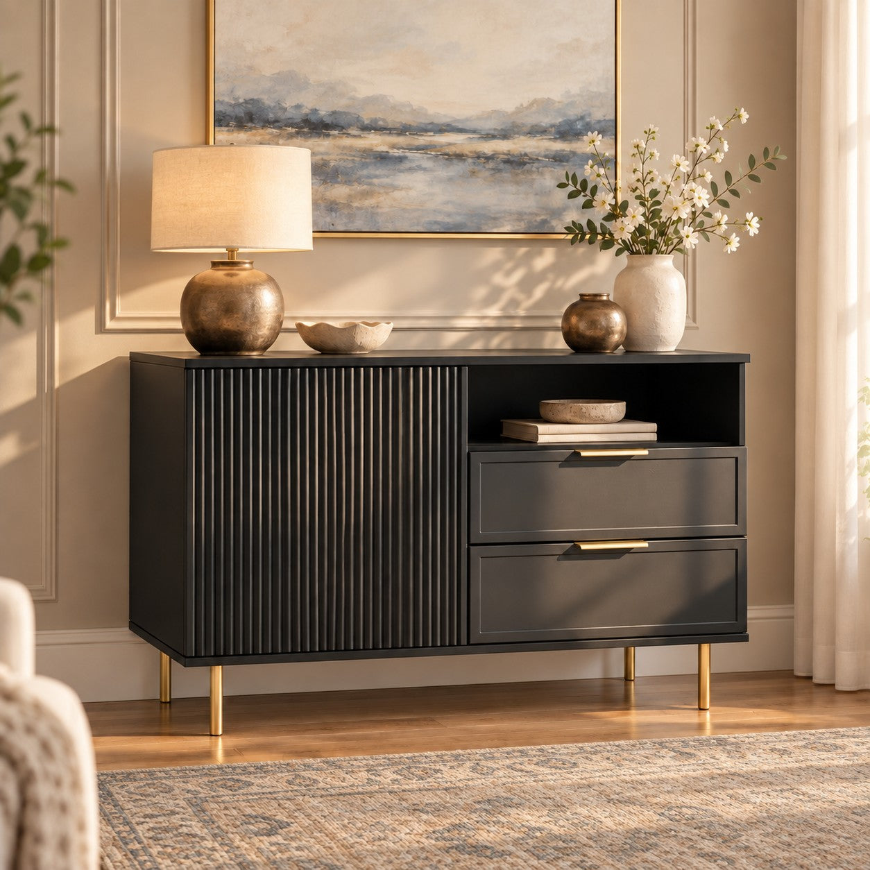 Comodă PORTOFINO neagră cu 2 sertare și o ușă, fronturi MDF frezat negru mat, 105x42x80 cm Default Title Arboteca