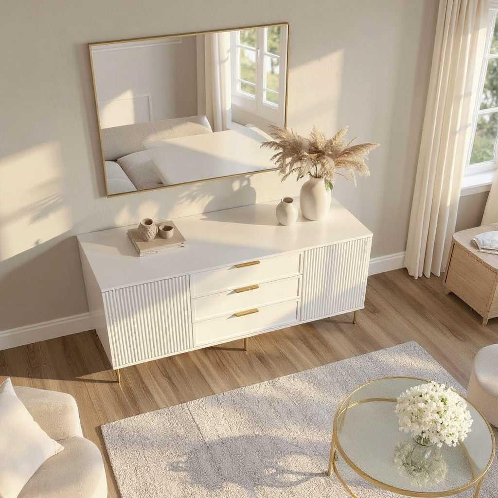 Comodă PORTOFINO albă cu 3 sertare și 2 uși, MDF vopsit mat, 150x40x80 cm Arboteca