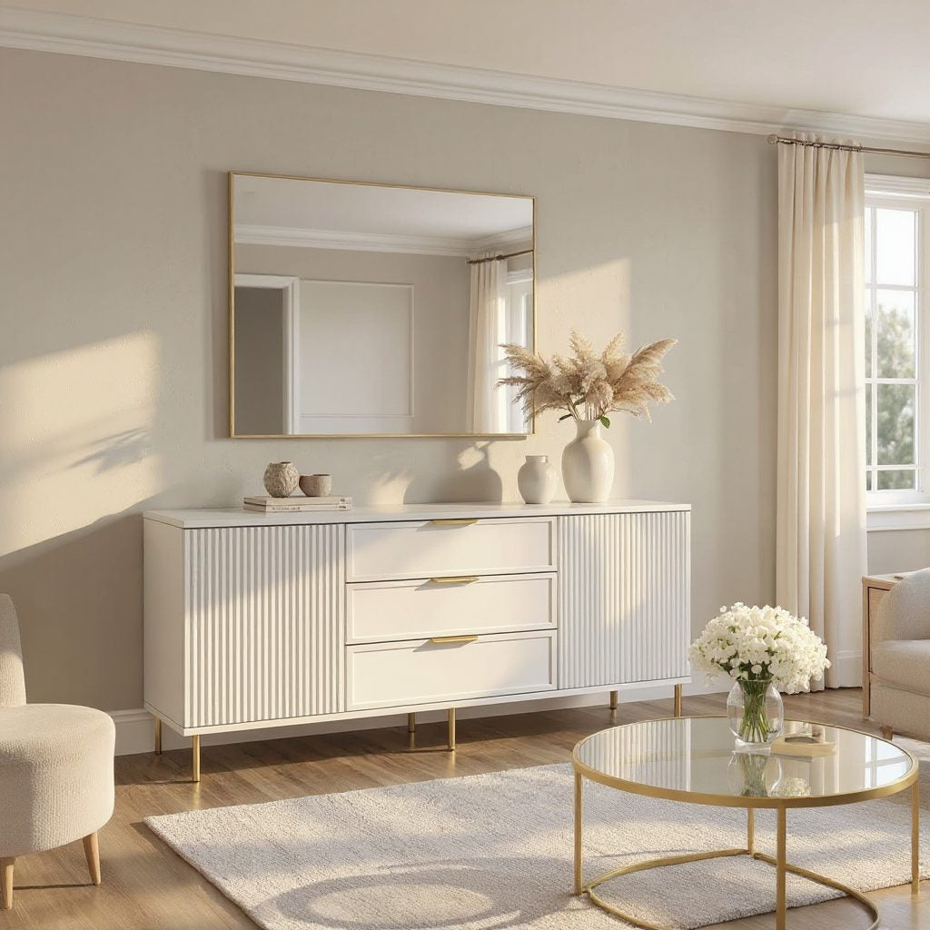 Comodă PORTOFINO albă cu 3 sertare și 2 uși, MDF vopsit mat, 150x40x80 cm Arboteca