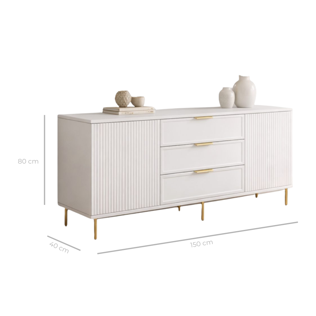 Comodă PORTOFINO albă cu 3 sertare și 2 uși, MDF vopsit mat, 150x40x80 cm Arboteca