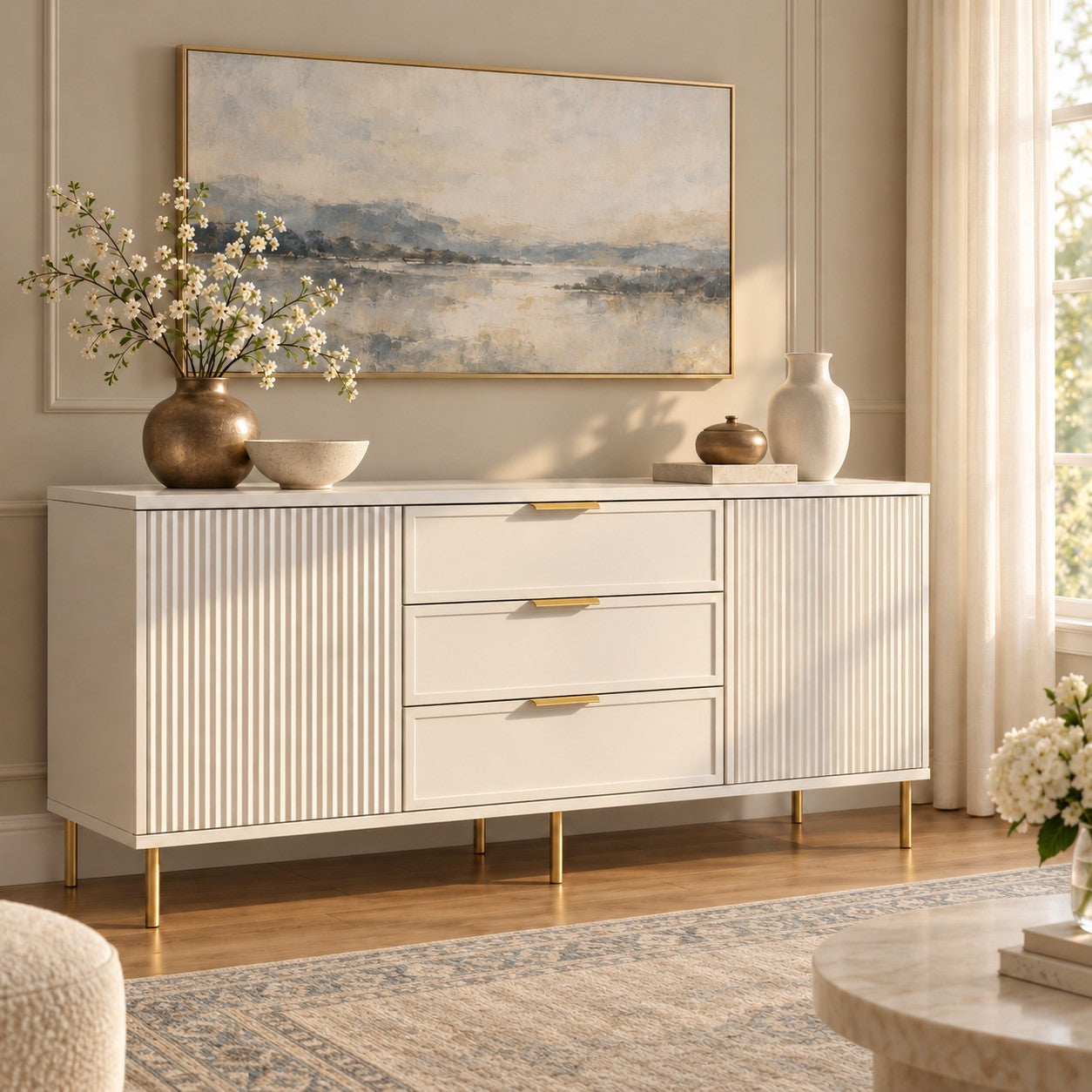 Comodă PORTOFINO albă cu 3 sertare și 2 uși, MDF riflat vopsit mat, 150x40x80 cm Default Title Arboteca