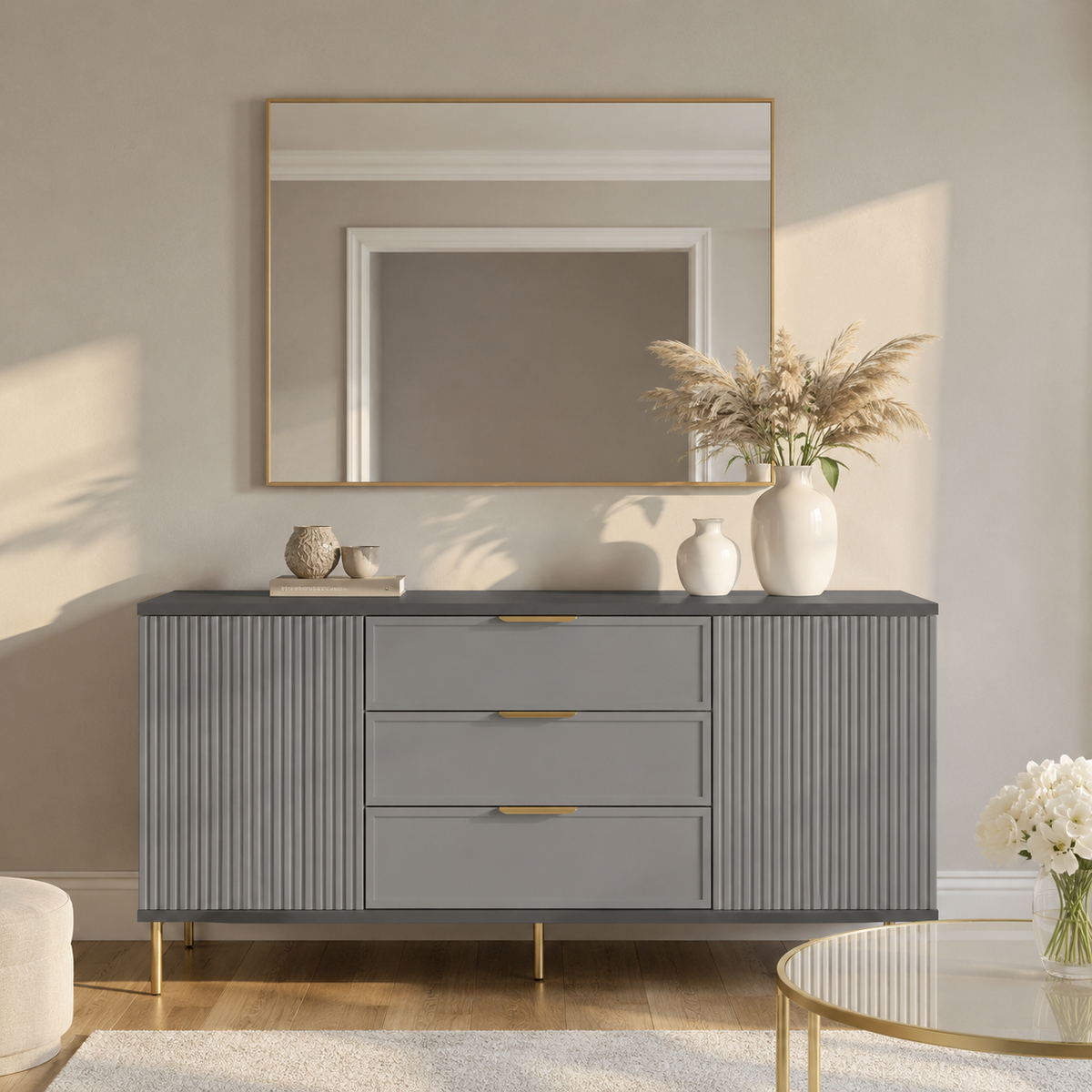 Comodă PORTOFINO antracit cu 3 sertare și 2 uși, MDF frezat riflat, 150x40x80 cm Arboteca