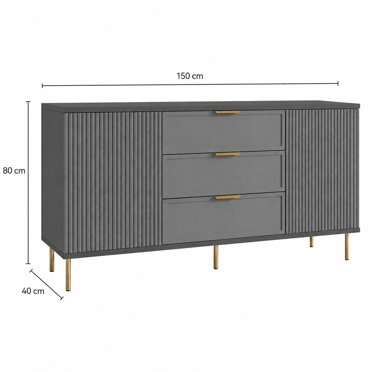 Comodă PORTOFINO antracit cu 3 sertare și 2 uși, MDF frezat riflat, 150x40x80 cm Arboteca