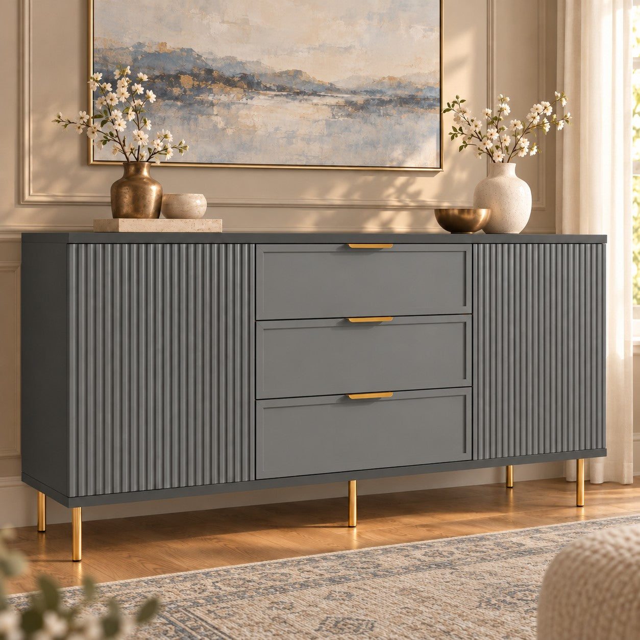 Comodă PORTOFINO antracit cu 3 sertare și 2 uși, MDF frezat riflat, 150x40x80 cm Default Title Arboteca