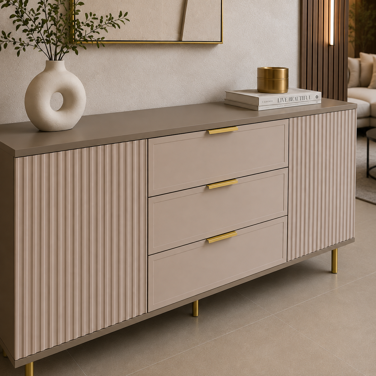 Comodă PORTOFINO cașmir bazalt cu 3 sertare, MDF vopsit, 150x40x80 cm Arboteca