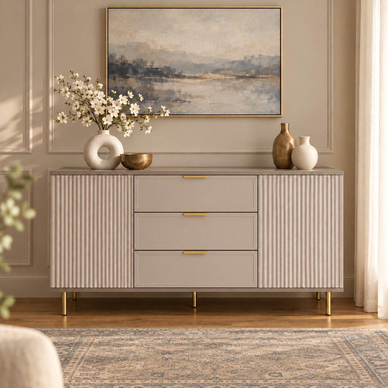 Comodă PORTOFINO cașmir bazalt cu 3 sertare și 2 uși, MDF vopsit riflat, 150x40x80 cm Default Title Arboteca