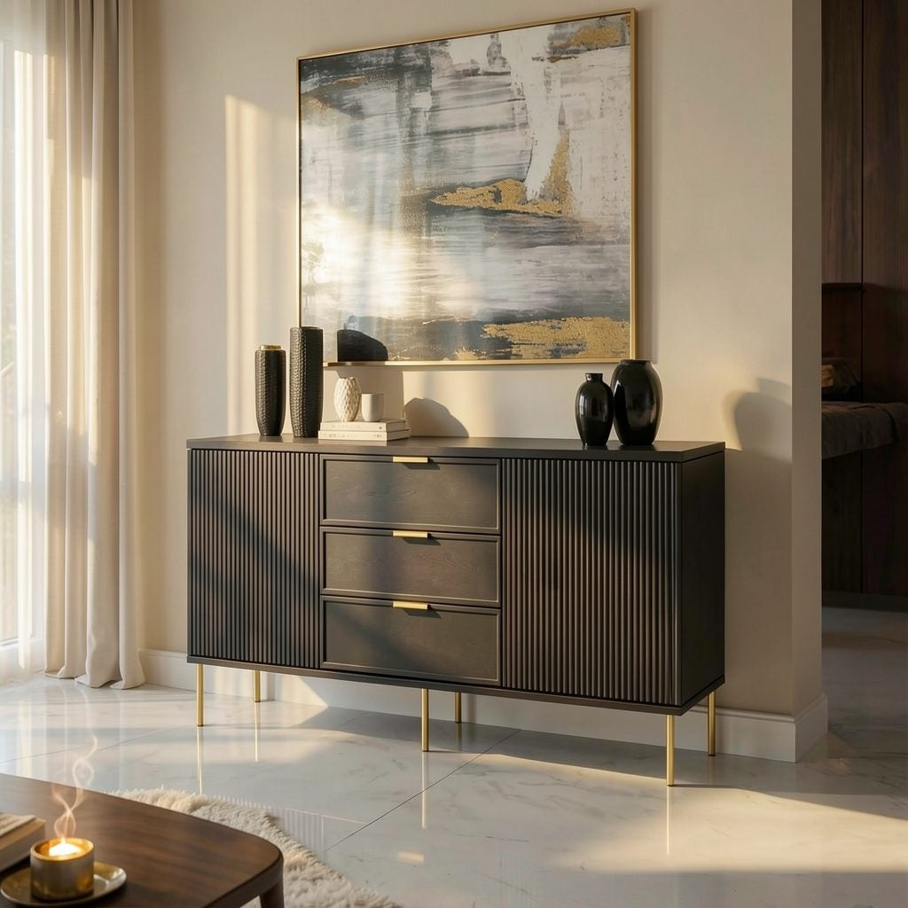 Comodă PORTOFINO neagră cu 3 sertare și 2 uși, MDF vopsit mat, 150x40x80 cm Default Title Arboteca